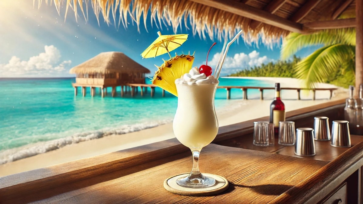 A creamy Piña Colada cocktail in a tall glass with pineapple, cherry, and umbrella garnish, served at a tropical beach bar with an ocean view.