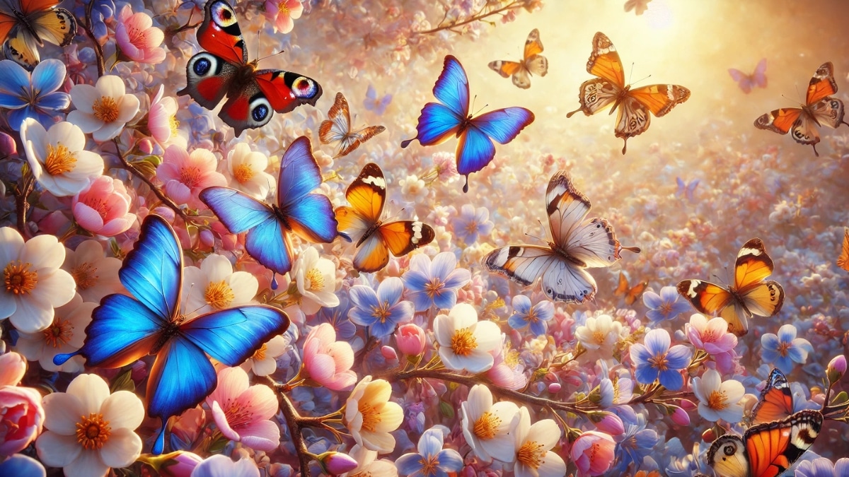 A stunning spring scene with colorful butterflies fluttering among blooming flowers in shades of blue, pink, and white under warm sunlight.