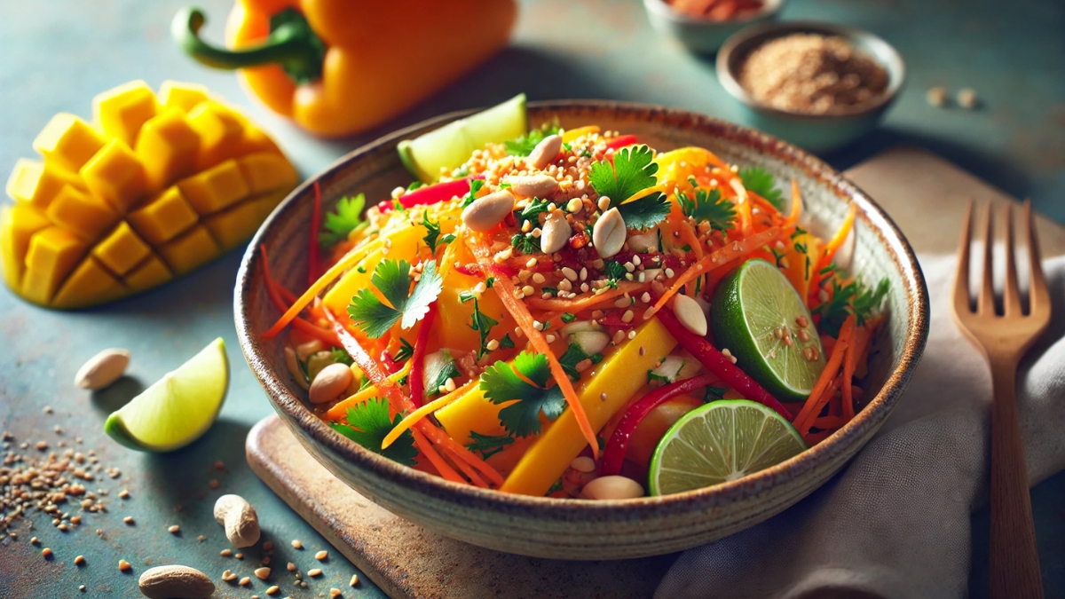 A colorful vegan Thai mango salad with shredded carrots, red bell peppers, fresh cilantro, lime wedges, and peanuts.