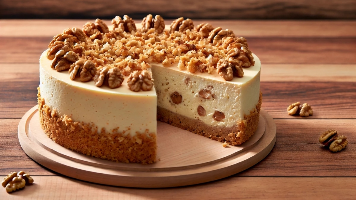 A walnut cheesecake with a creamy filling, crunchy nut topping, and whole walnuts, served on a wooden table.