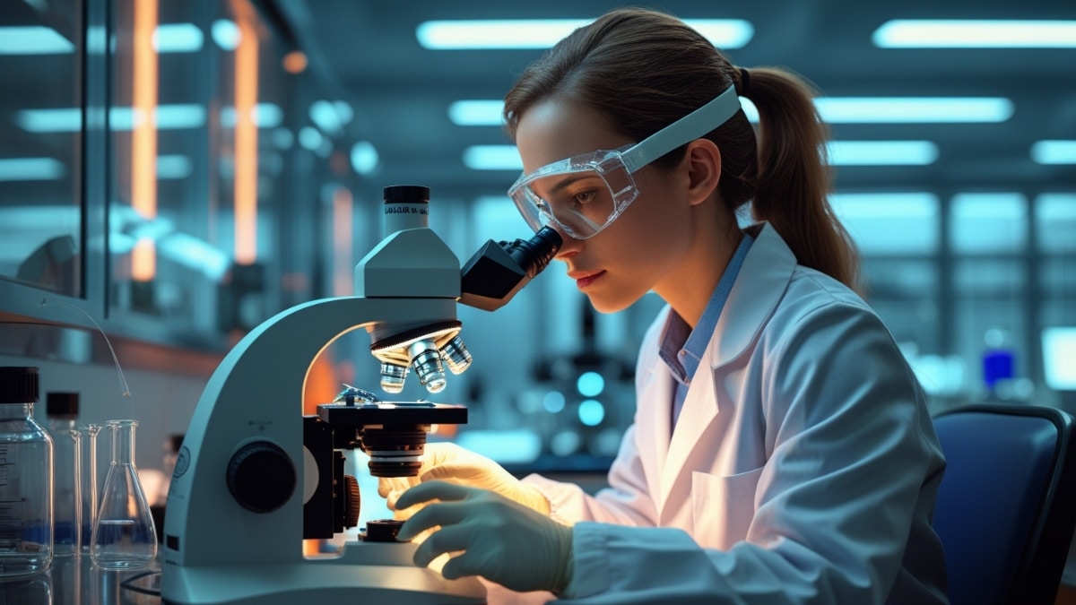 A young female scientist wearing safety goggles and gloves examines a sample under a microscope in a modern laboratory.