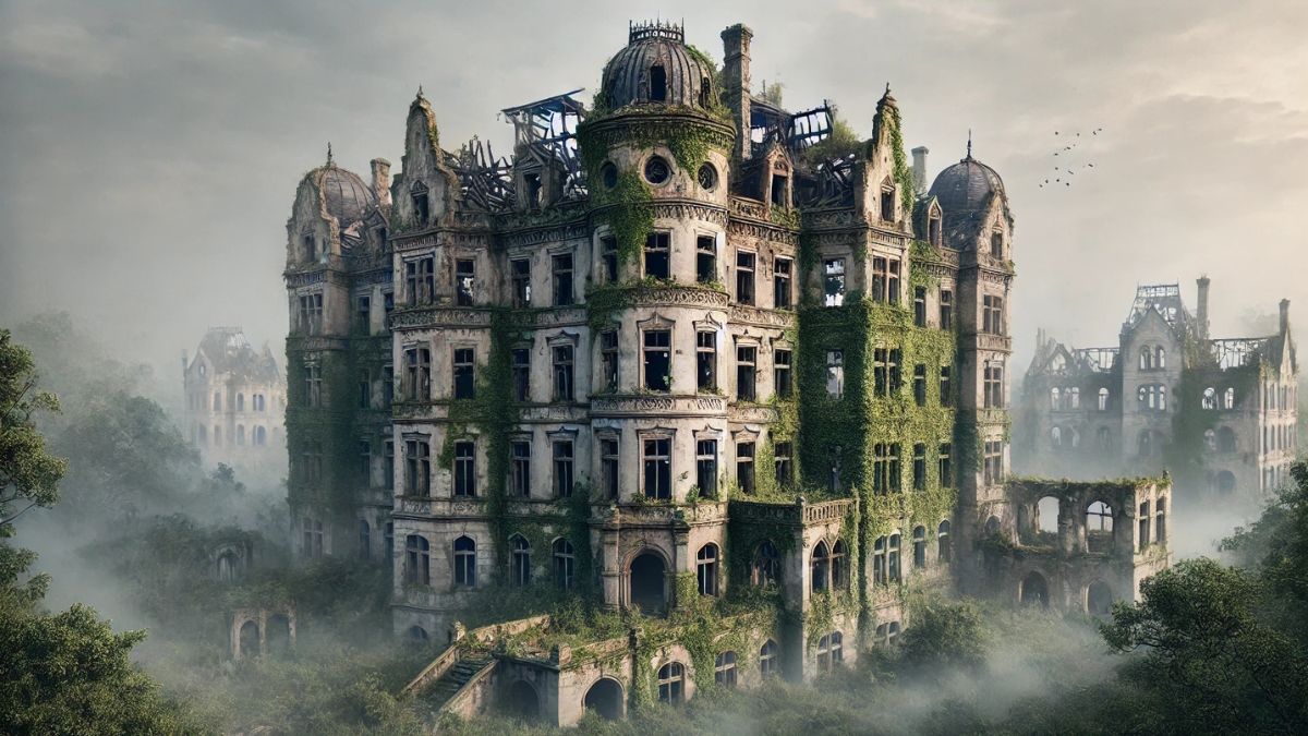 Mysterious abandoned castle with crumbling walls, overgrown ivy, and a misty atmosphere, surrounded by dense forest.