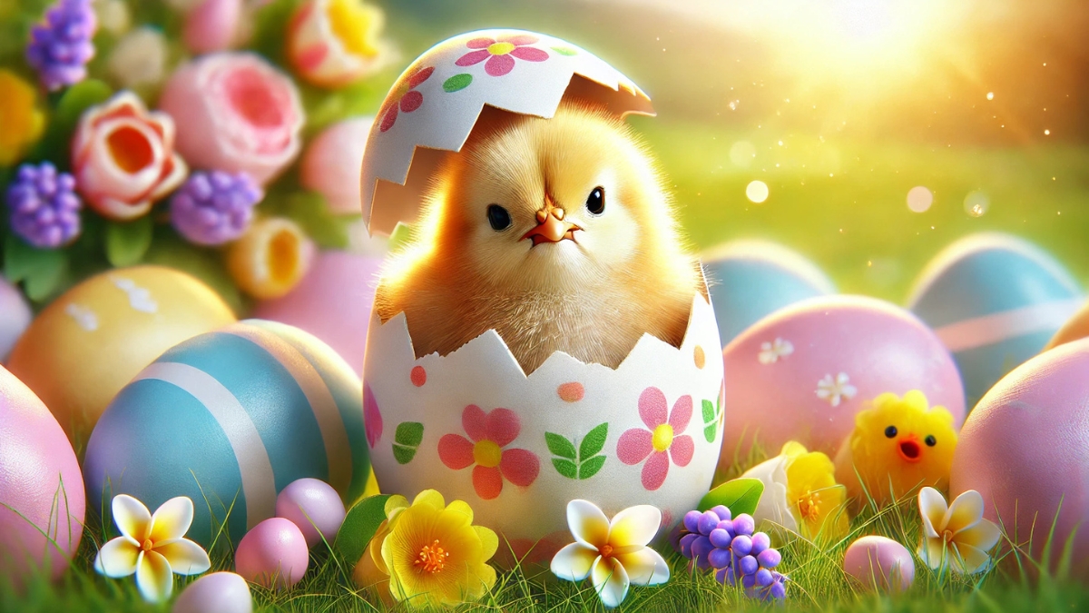Cute Easter chick hatching from a colorful decorated egg in a meadow
