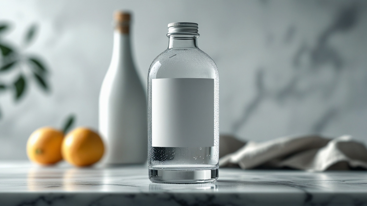 Mockup of a blank glass bottle with a white label on a marble countertop with citrus fruits and a white bottle in the background