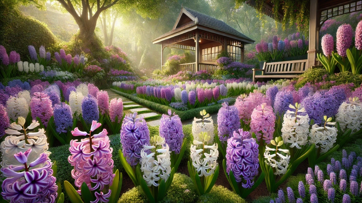 A picturesque garden filled with blooming hyacinths in shades of purple, pink, and white, surrounding a charming wooden gazebo.