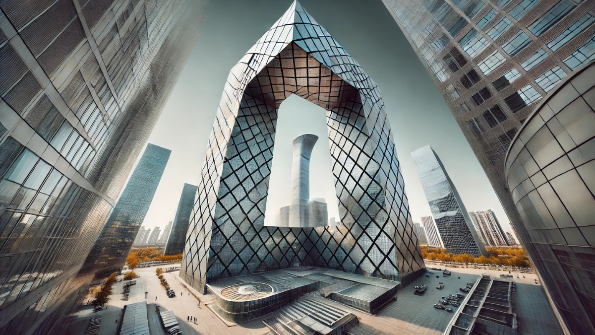 A striking view of the CCTV Headquarters skyscraper in Beijing, China.