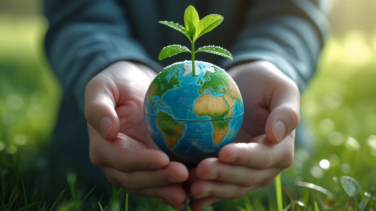 Hands gently cradle a globe with a green plant sprouting from its top