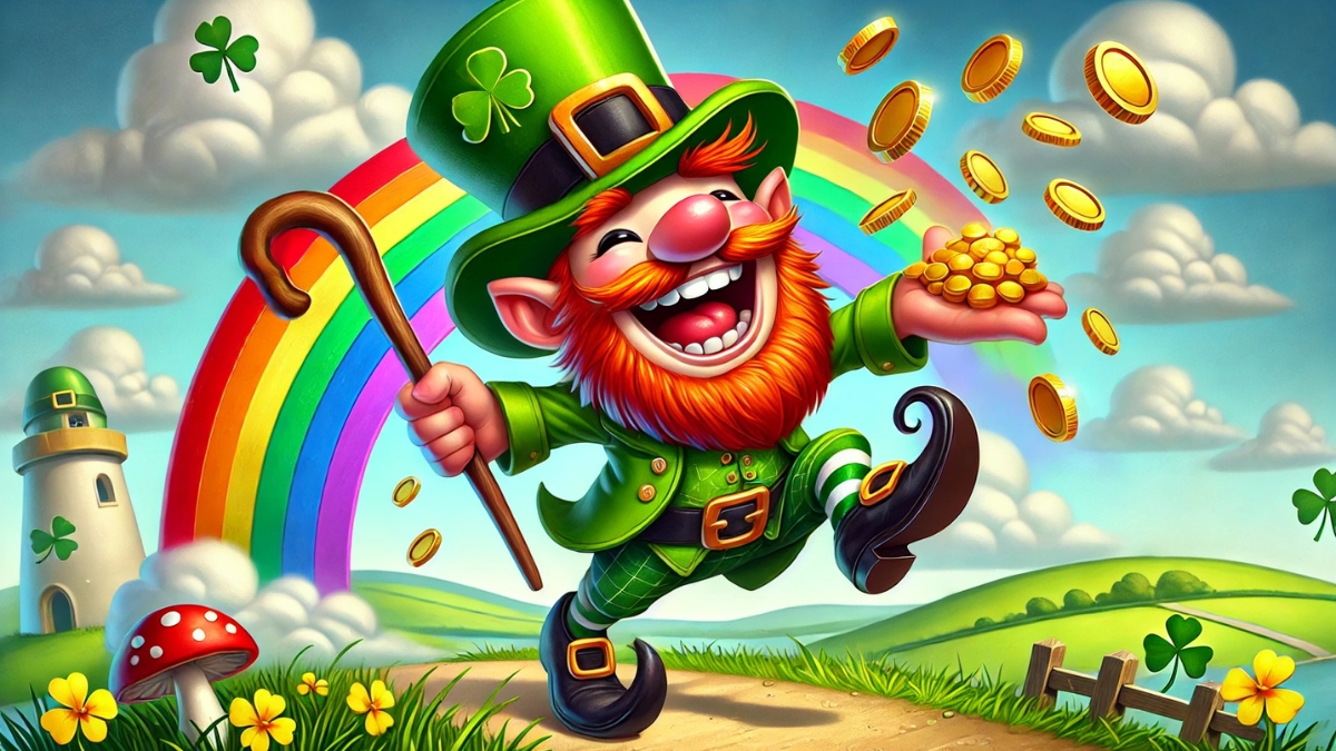A joyful cartoon leprechaun in a green suit and hat dancing on a rainbow, tossing gold coins into the air, surrounded by shamrocks, a lighthouse, and rolling hills.