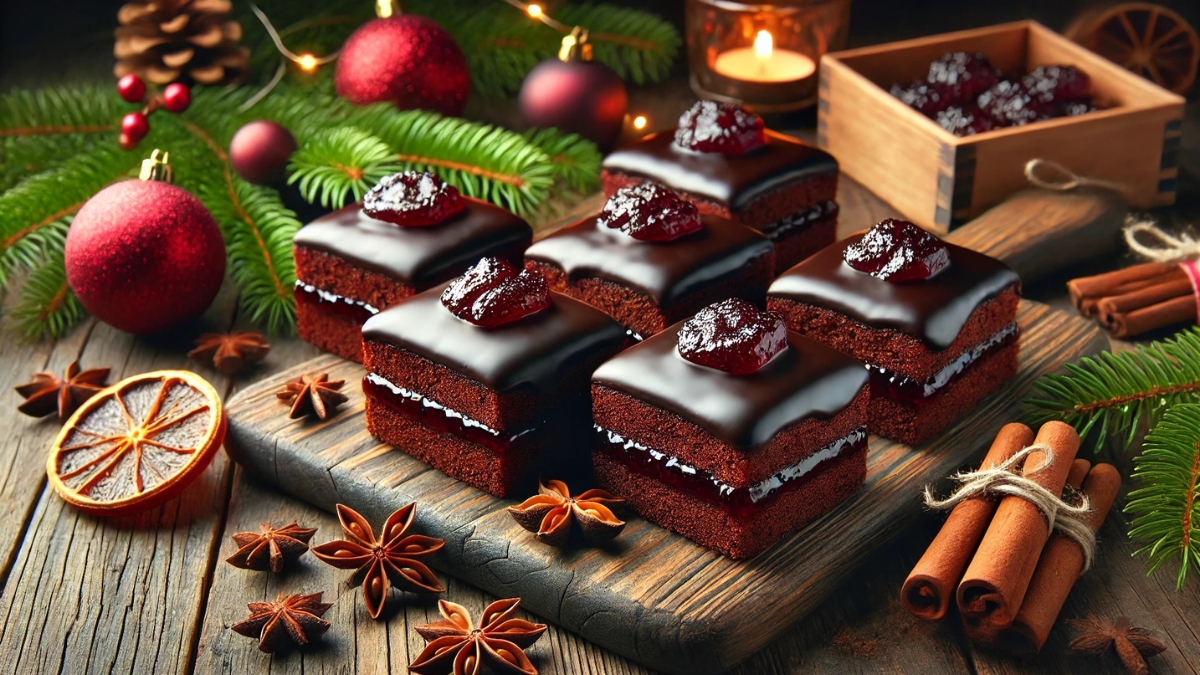 Chocolate-glazed gingerbread squares with plum jam filling on a festive rustic Christmas table