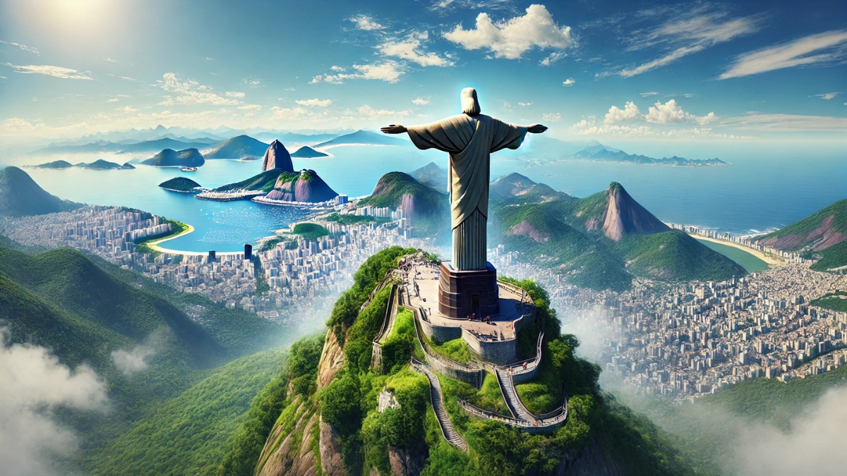Christ the Redeemer statue in Rio de Janeiro, Brazil, overlooking the city and coastline from Mount Corcovado.