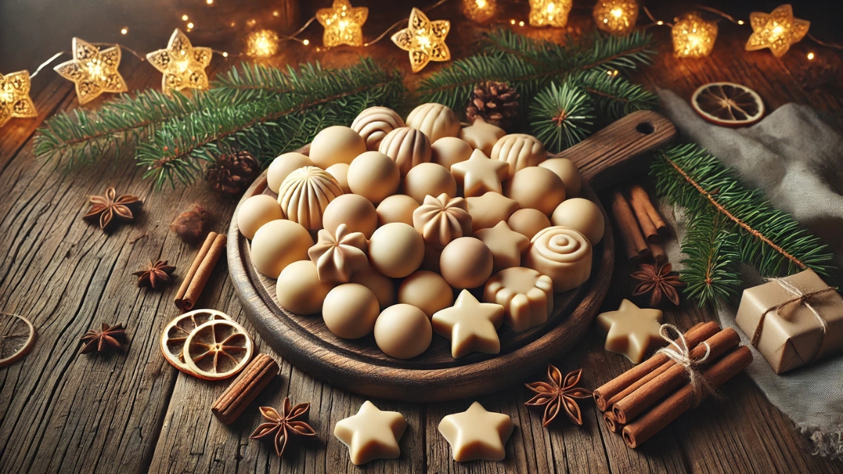 Homemade marzipan sweets in festive shapes on a wooden board with holiday decor and spices