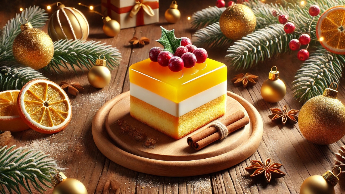 Colorful Sunquick slice with jelly top, whipped layer, sponge base, and holiday decor on a rustic Christmas table