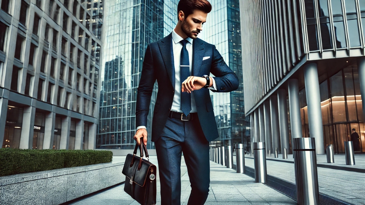 A stylish businessman wearing a tailored navy blue suit, white dress shirt, and tie, checking his watch while walking through a modern cityscape with glass skyscrapers.