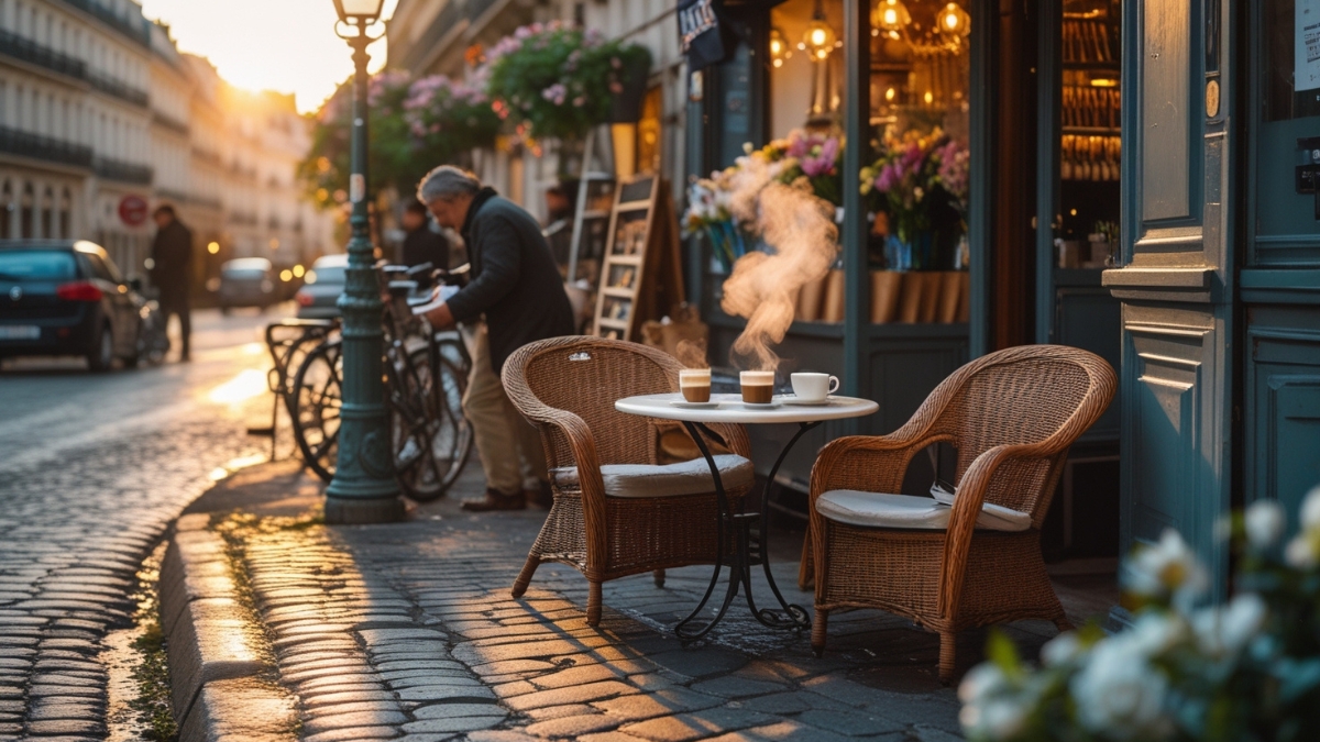 Steam rising from coffee cups on a Paris café terrace at sunrise with wicker chairs and cobblestone street