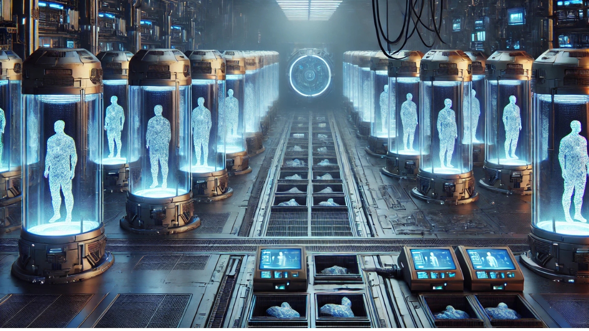 Rows of glowing cryogenic pods containing human figures in a futuristic AI-run facility with blue digital lighting