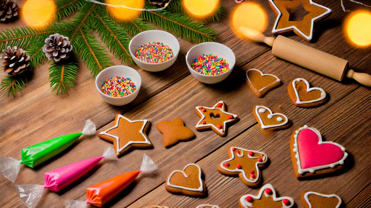 Gingerbread cookies in heart and star shapes with colorful icing, sprinkles, and piping bags on wooden table