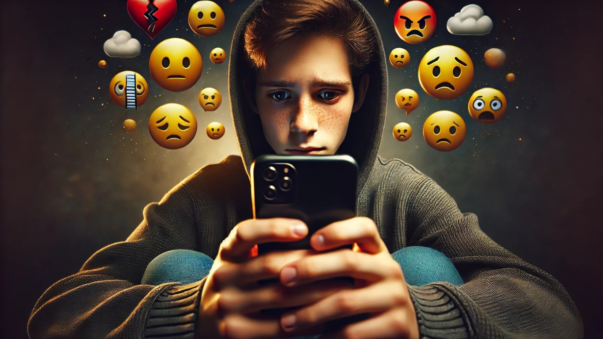 Smutný dospívající chlapec v mikině s kapucí, který se dívá na svůj chytrý telefon, obklopený plovoucími naštvanými, smutnými a úzkostnými emoji, které představují úzkost ze sociálních médií a kyberšikanu.