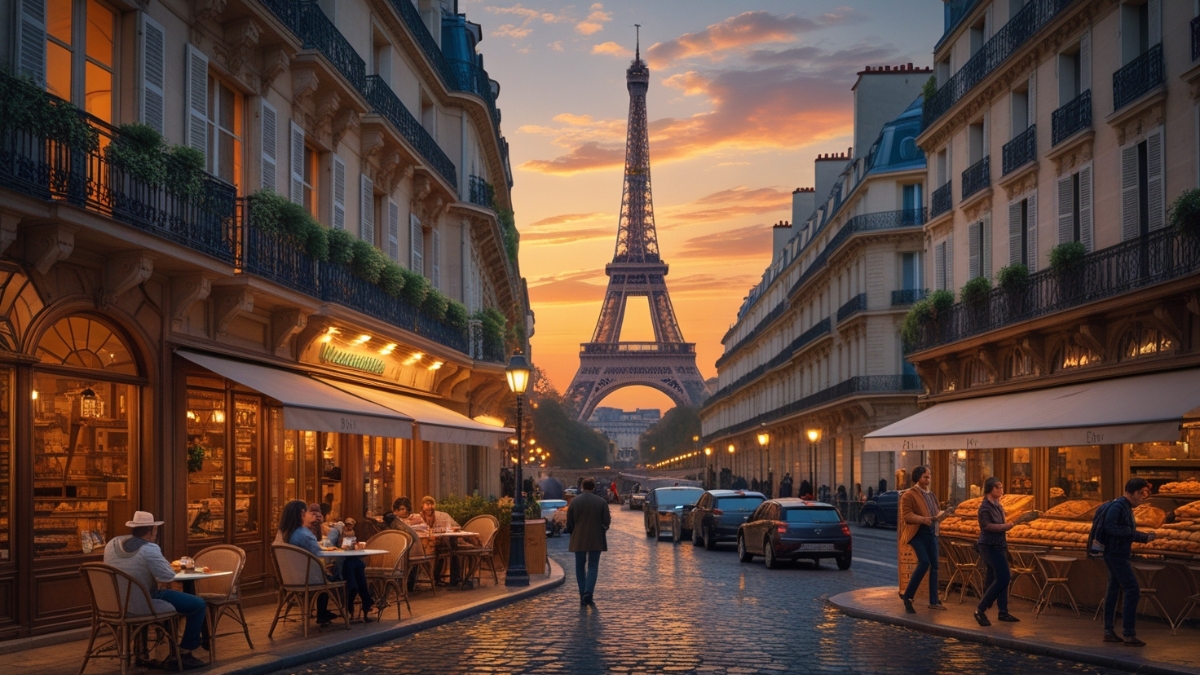 People enjoying cafés and bakeries on a Paris street with the Eiffel Tower glowing at sunset in the background