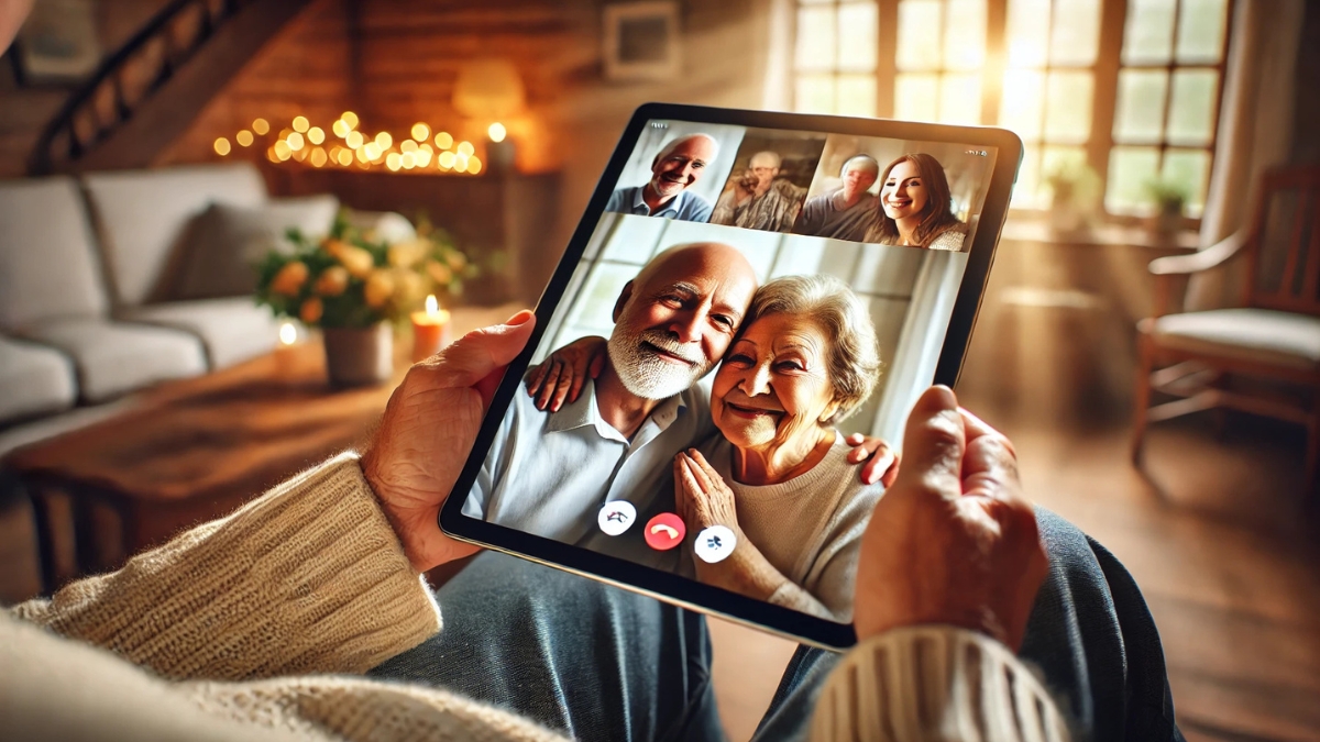 Starší osoba držící tablet při videohovorech s rodinnými příslušníky, s teplým osvětlením v útulném domácím prostředí.