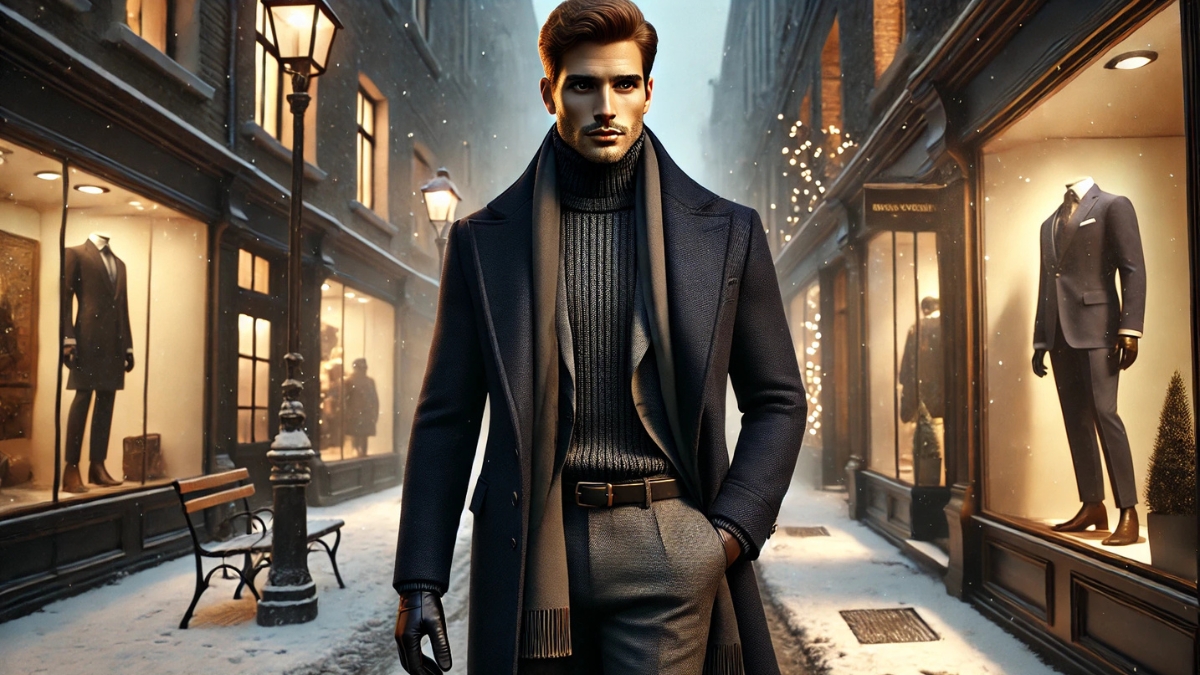 A stylish man in a wool coat and scarf walks through a snowy European city street lined with luxury shops.