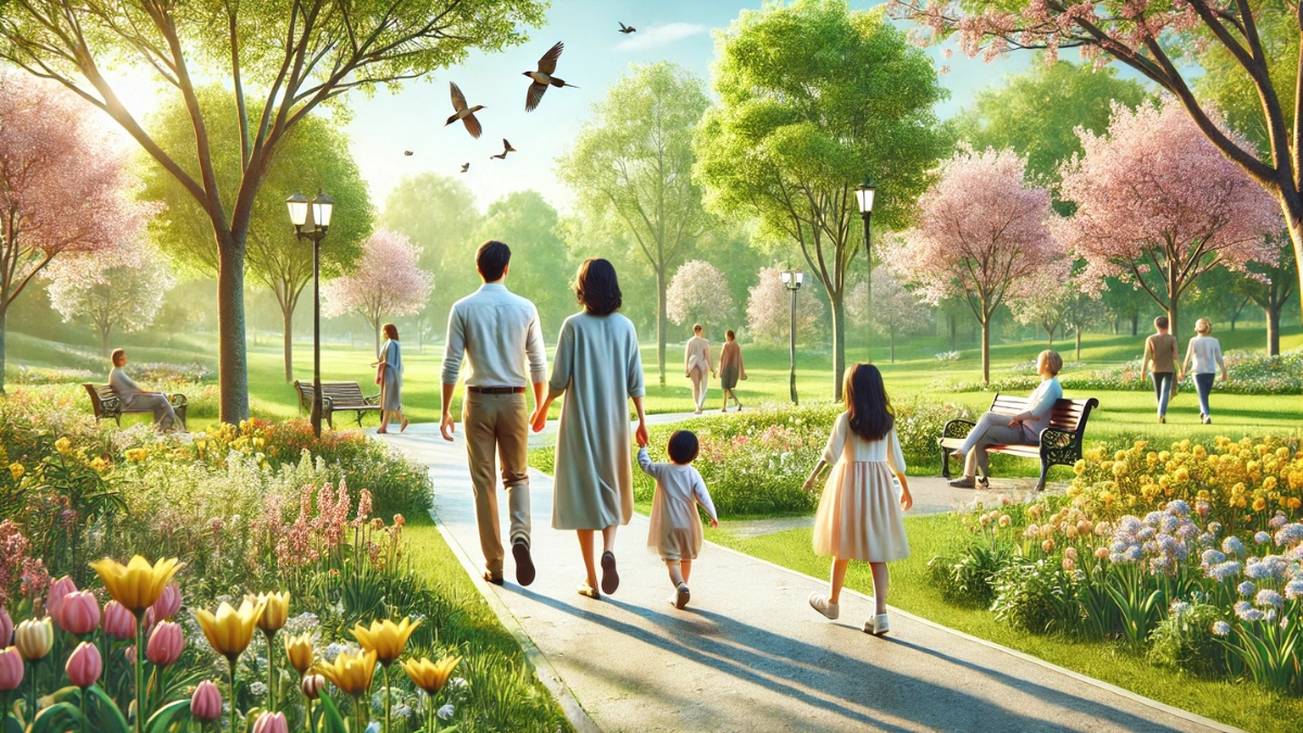 A family strolling through a beautiful park with blooming flowers and lush green trees on a sunny spring day.