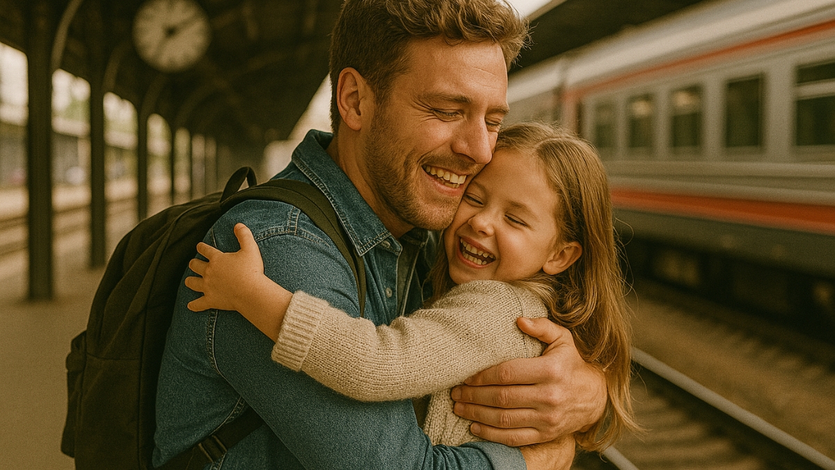 Smiling father hugging his happy daughter on a train platform with a train in the background