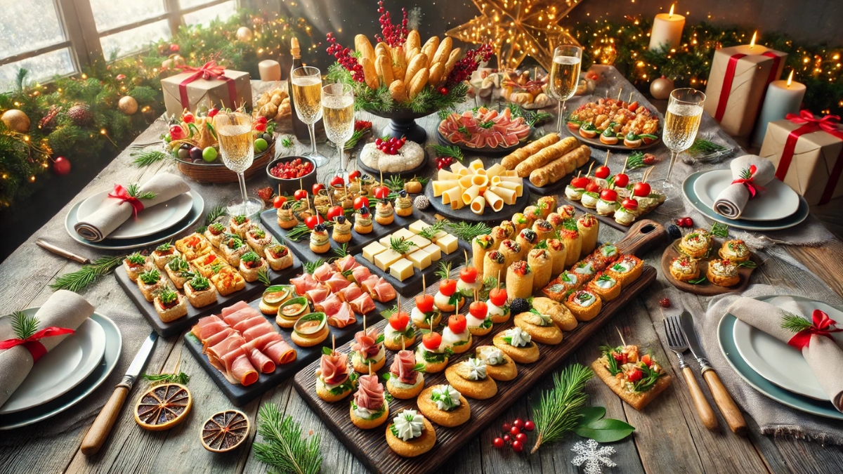 Holiday table filled with assorted savory appetizers, canapés, and festive decorations in a cozy setting