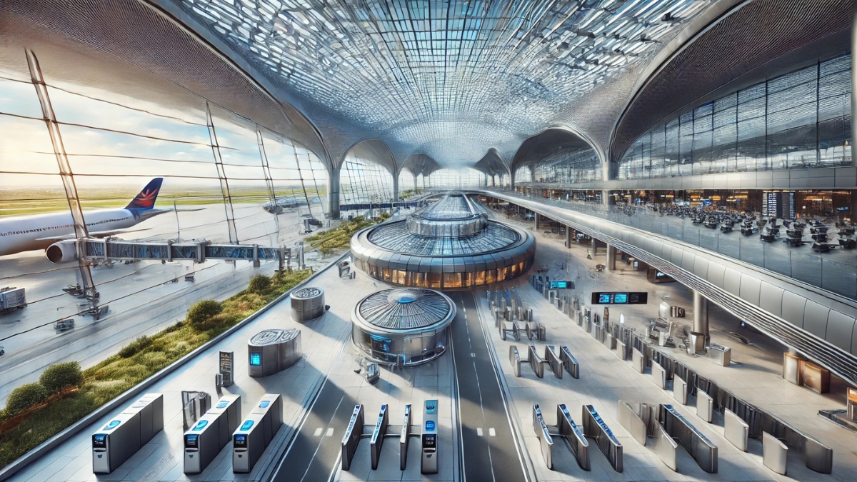 Modern airport terminal with a sleek glass facade and open design