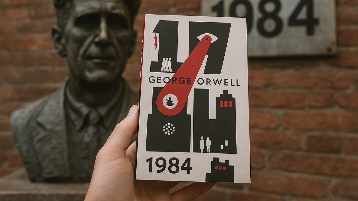 Hand holding George Orwell’s 1984 book in front of his statue and brick wall