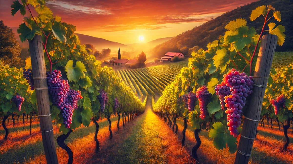 A scenic vineyard bathed in golden sunset light, with rows of grapevines full of ripe purple grapes.