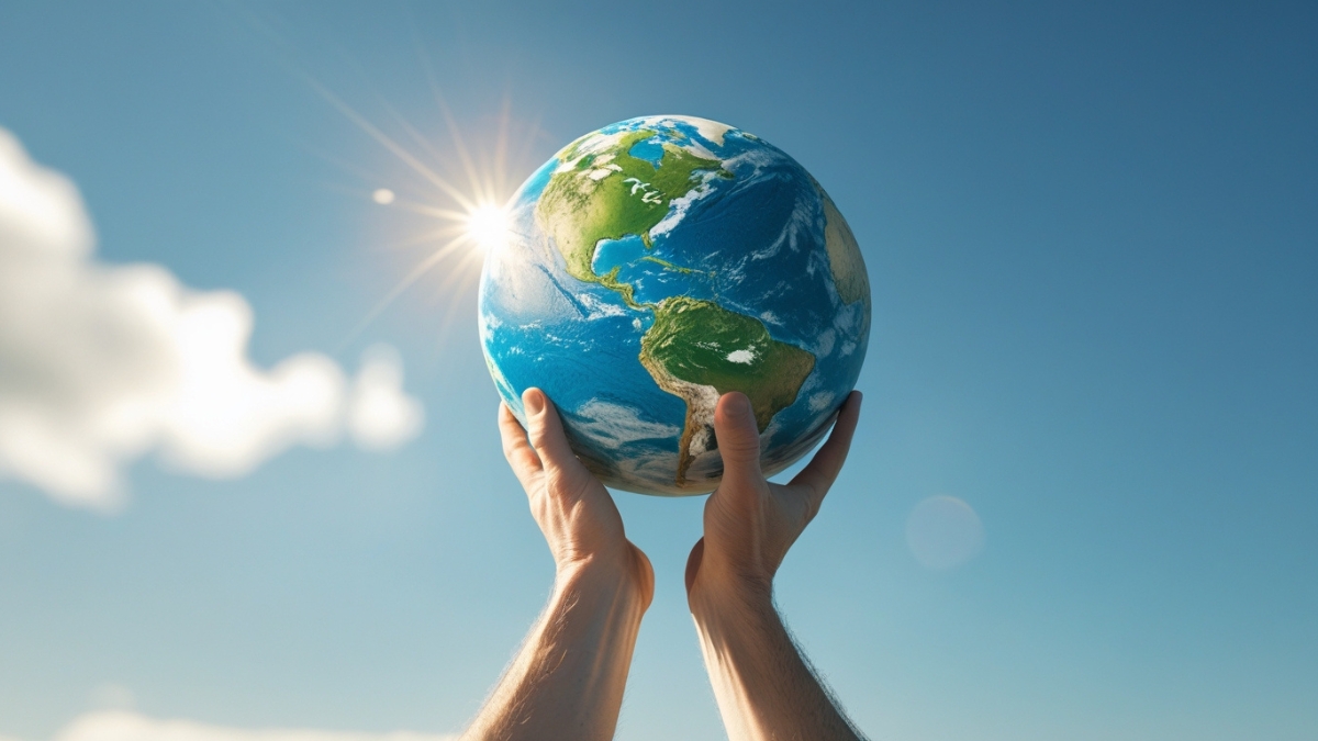 Two hands lift a globe into the sky with sunlight beaming behind and clouds around
