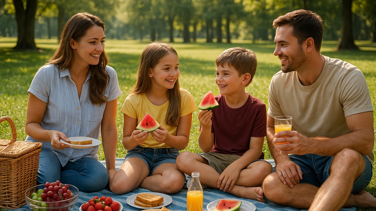 Family sitting on a blanket in the park enjoying watermelon, toast, grapes, and juice on a sunny day