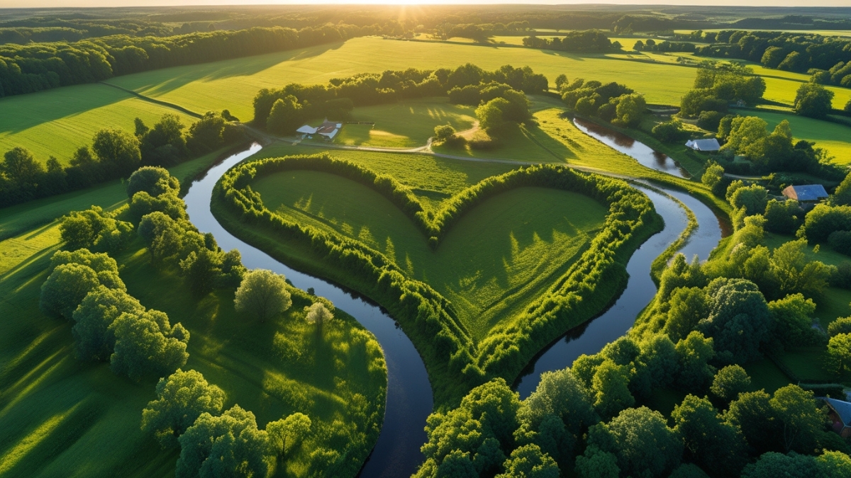 Aerial view of a heart shaped grassy meadow encircled by a winding river in green countryside