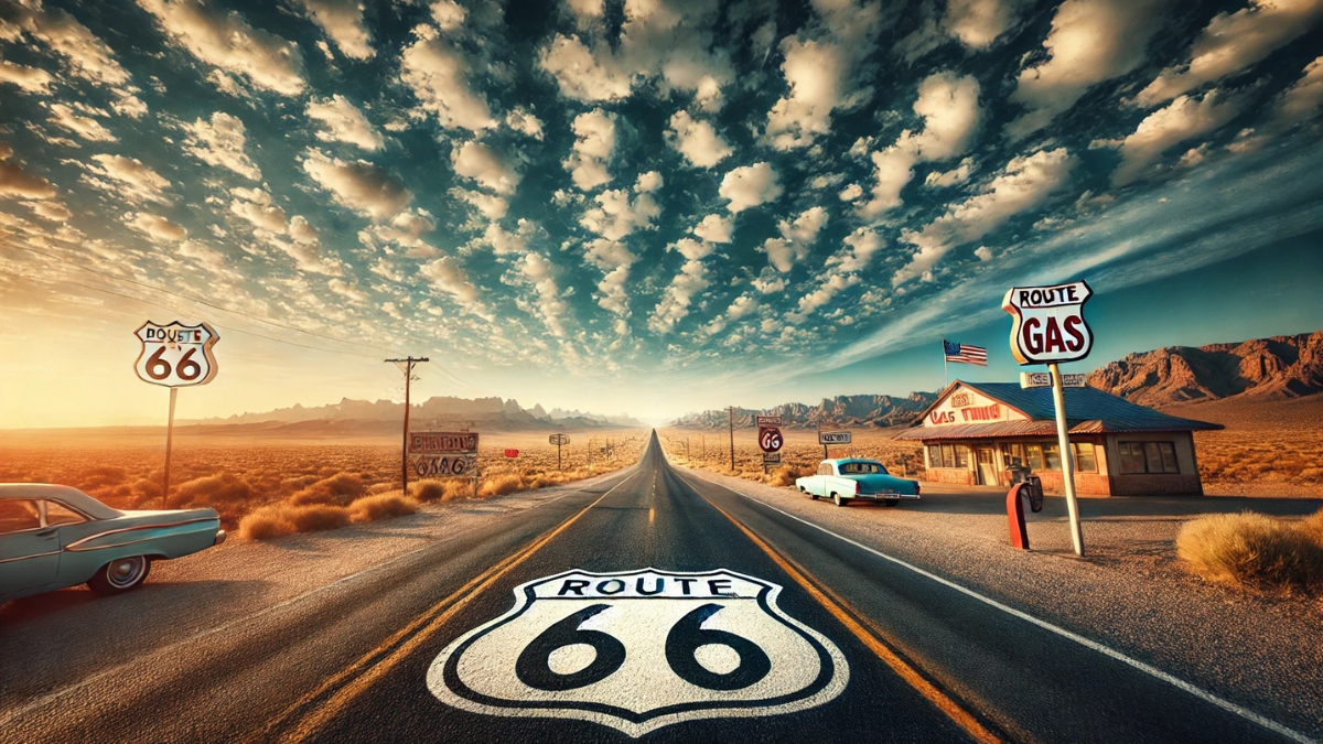 A scenic view of Route 66 in the USA, leading into the horizon under a vast sky with scattered clouds.
