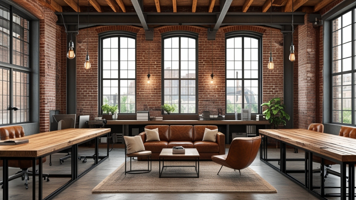 Spacious industrial loft office with exposed brick walls, wooden desks, and leather furniture.