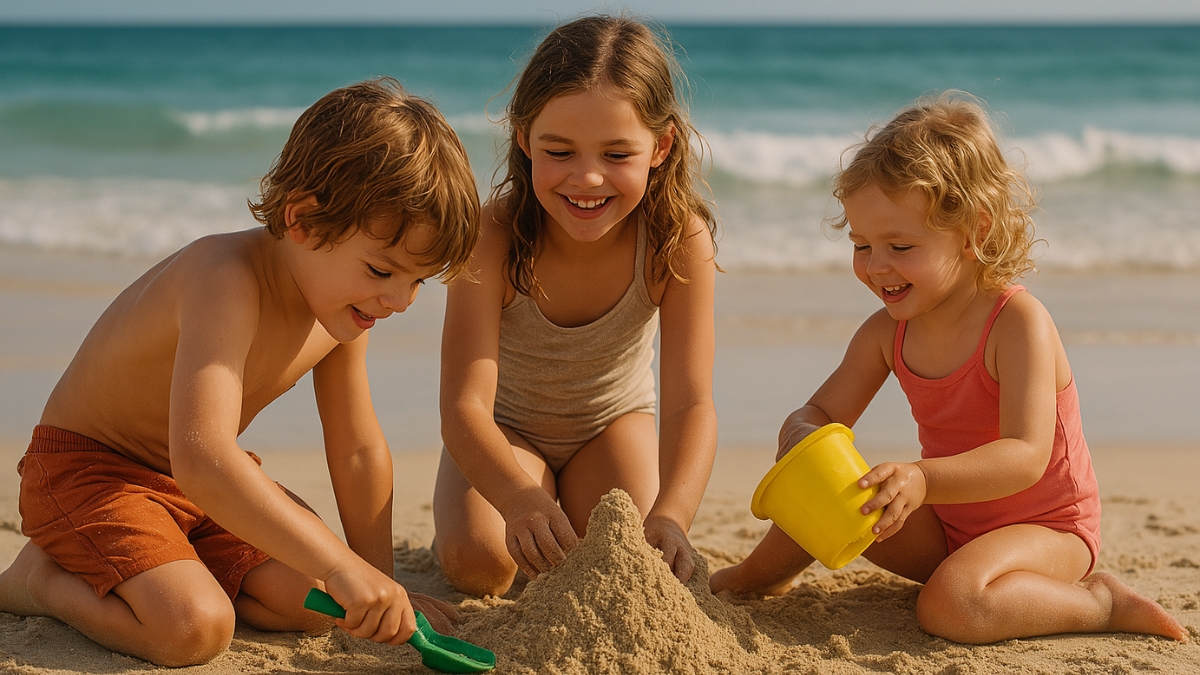 Three happy children building a sandcastle together on a sunny beach by the ocean