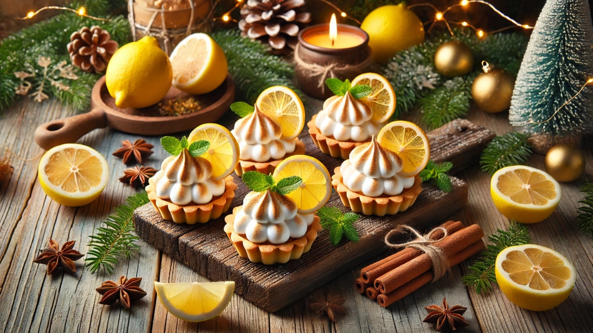 Lemon meringue tartlets with toasted tops on a rustic table decorated with fir, candles, and holiday accents