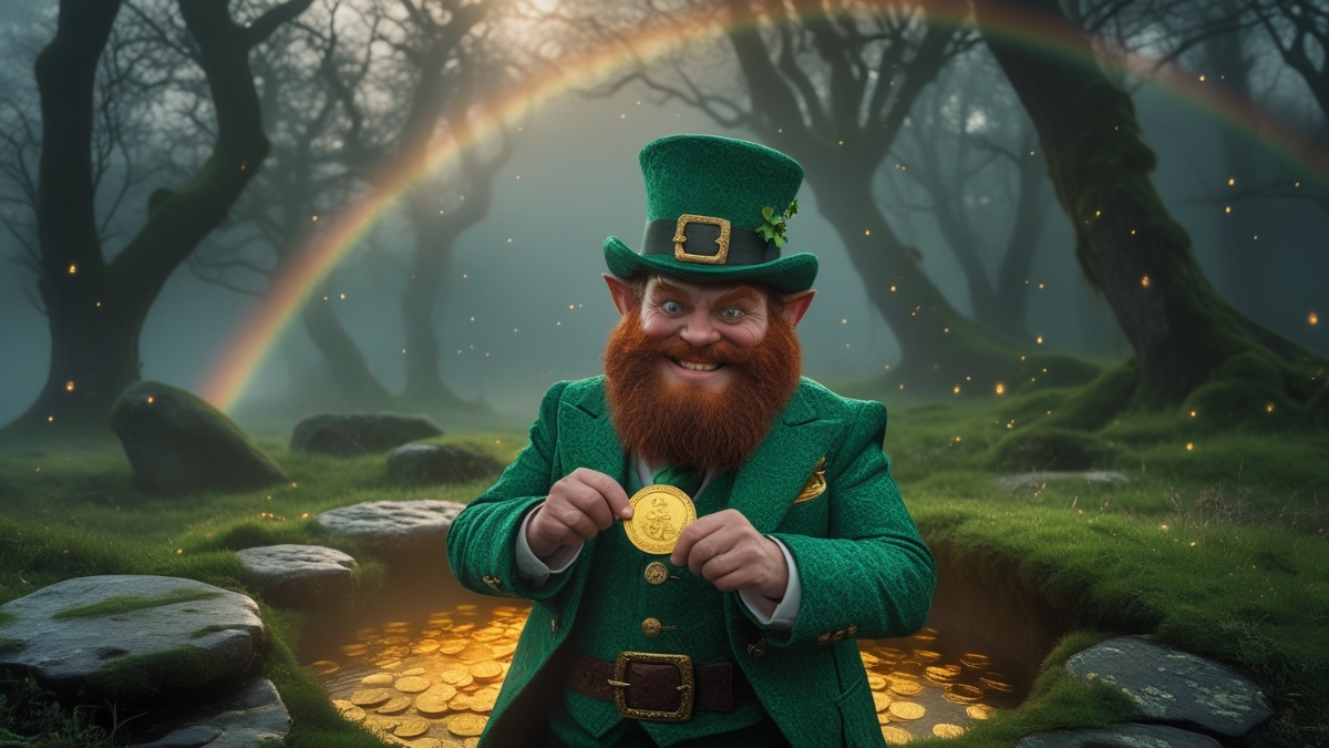 A mischievous leprechaun in a green suit holding a gold coin, standing next to a hidden treasure of gold under a glowing rainbow in a mystical forest.