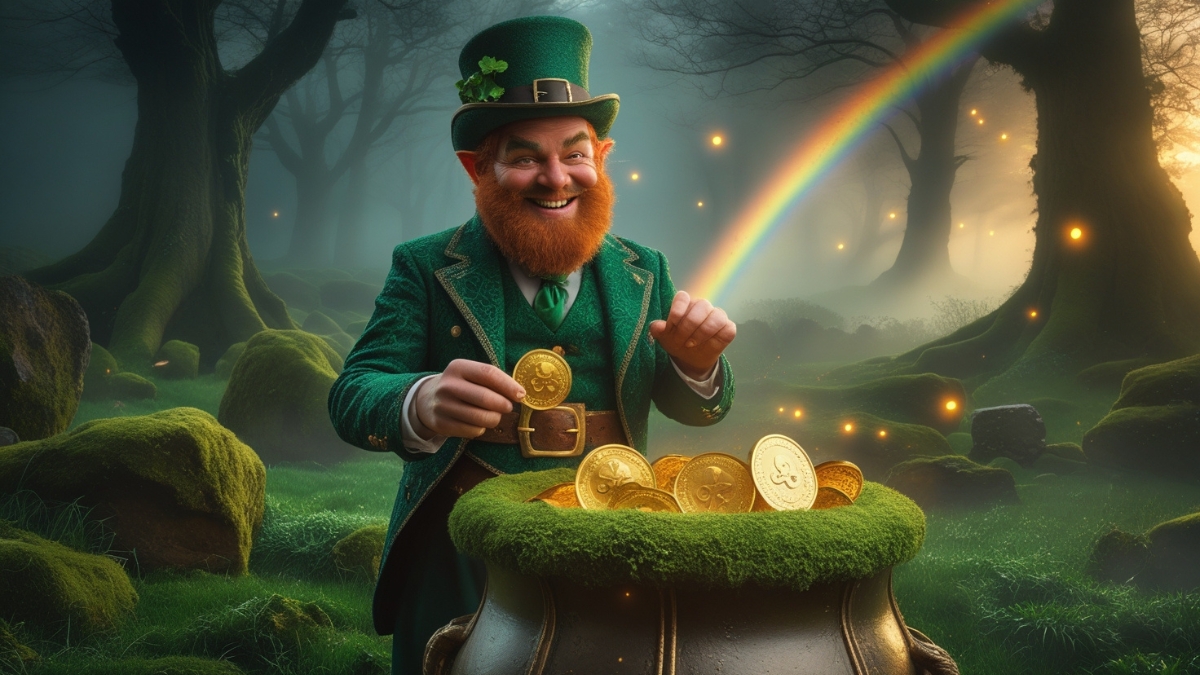 Smiling leprechaun in a green suit holding a gold coin next to a pot of gold, surrounded by a misty enchanted forest with a rainbow in the background.