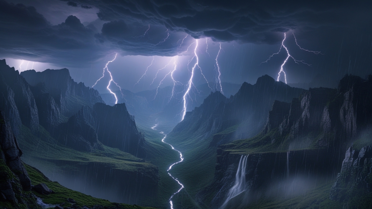 A dramatic lightning storm illuminates a deep mountain valley with waterfalls and a winding river under dark storm clouds.