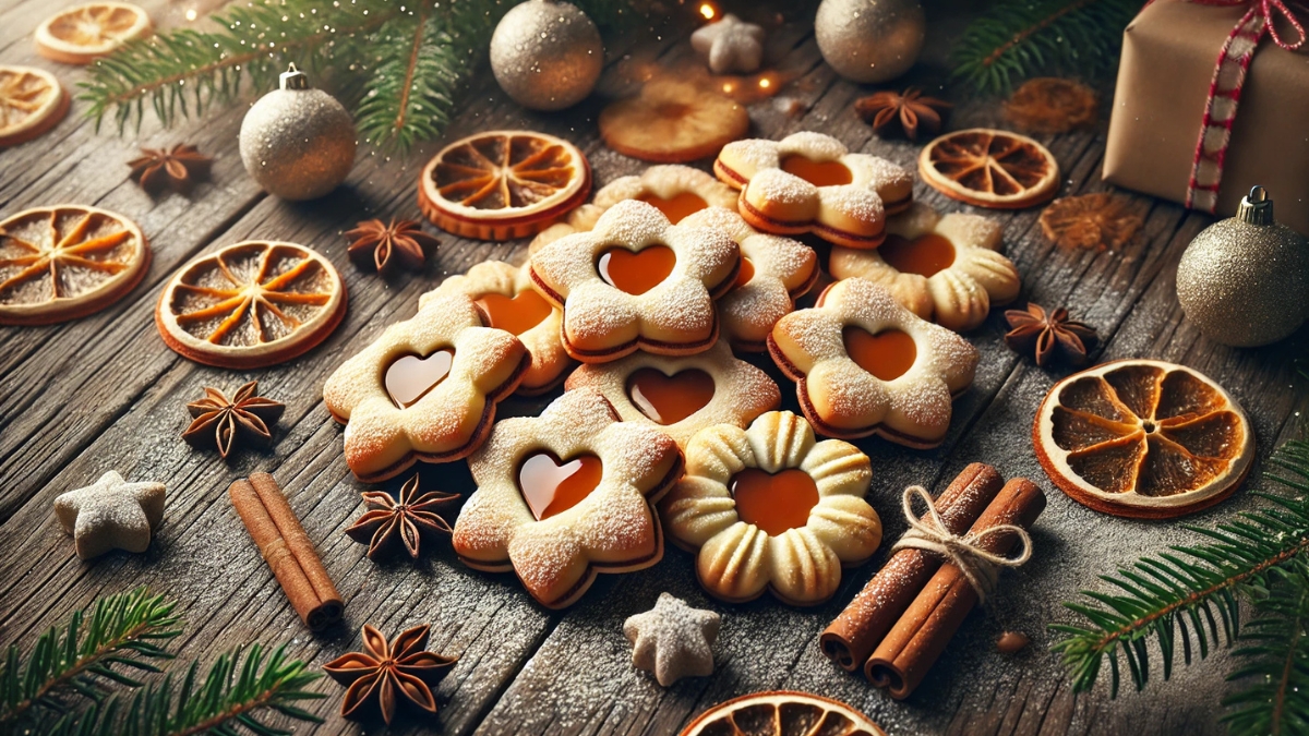 Linzer cookies filled with salted caramel and dusted with sugar on a festive rustic Christmas table