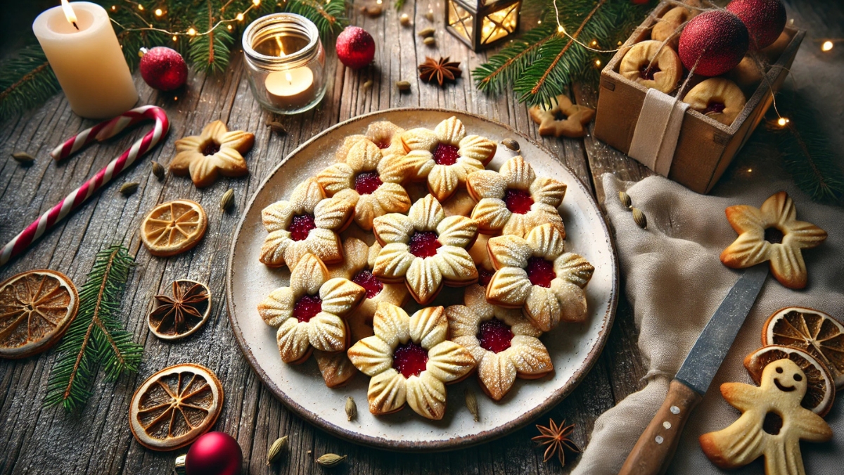 Star-shaped linzer cookies with red jam center on a festive plate surrounded by candles and dried fruit
