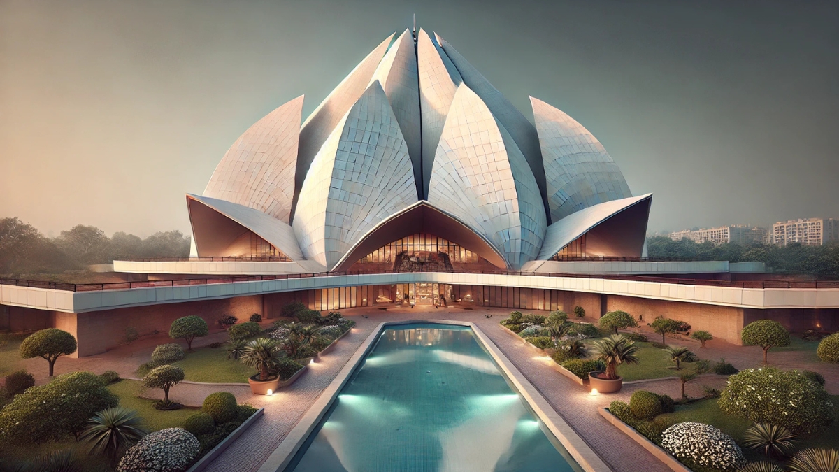 The Lotus Temple in New Delhi, India, featuring its iconic white petal design and reflecting pool.
