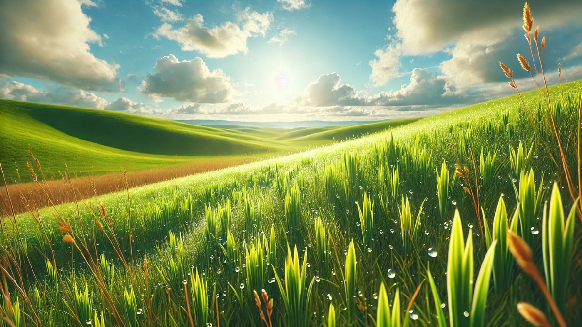 A vibrant green meadow in early spring with fresh grass and morning dew under a golden sunrise.