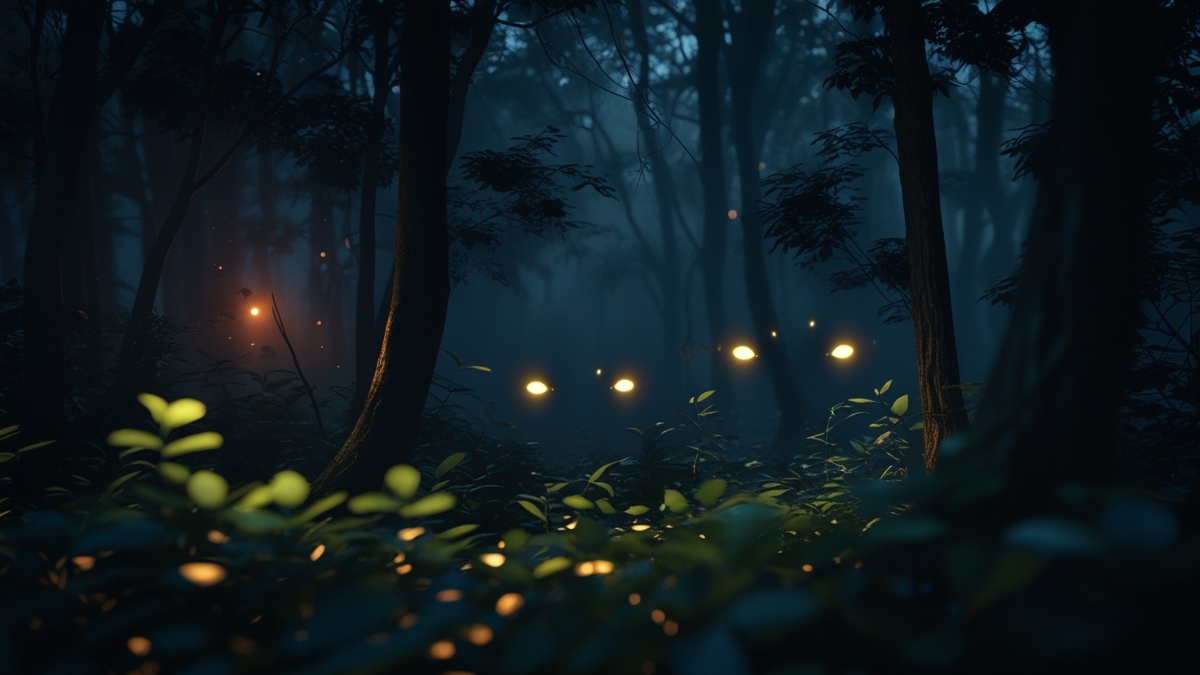 Glowing fireflies illuminate a dark, misty forest at night, creating a mystical and enchanting atmosphere.