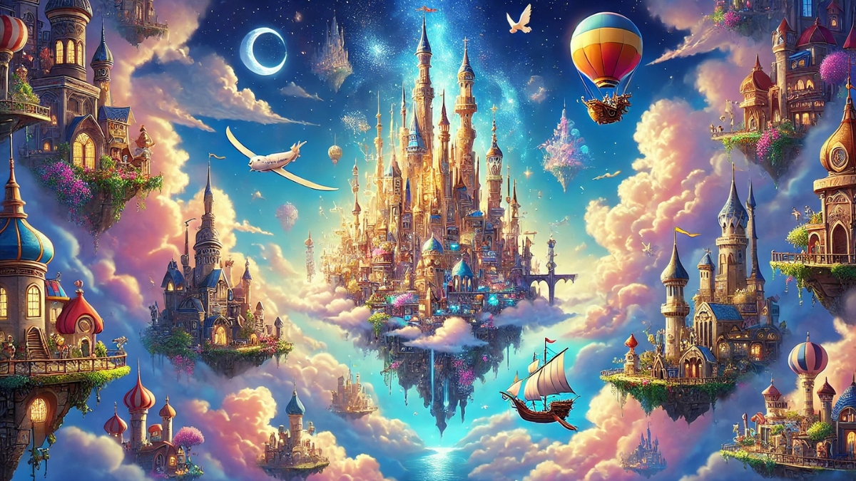 Fantasy city with floating castles, airships, hot air balloons, and glowing skies above the clouds