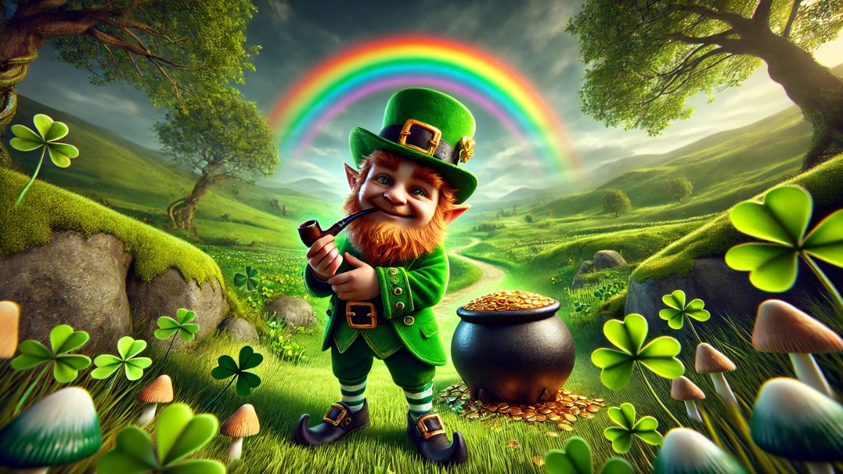 A cheerful leprechaun dressed in a green suit and hat, holding a pipe next to a pot of gold, standing in a lush Irish landscape with shamrocks and a rainbow in the background.