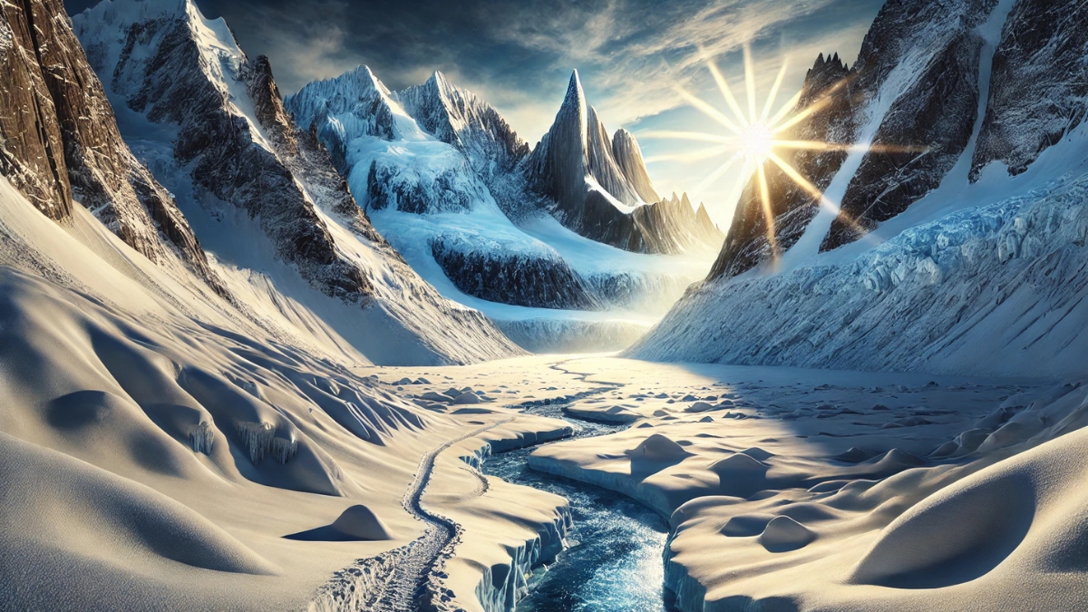 A breathtaking frozen mountain landscape with towering snow-covered peaks, a winding hiking trail, and sunlight reflecting on the ice.