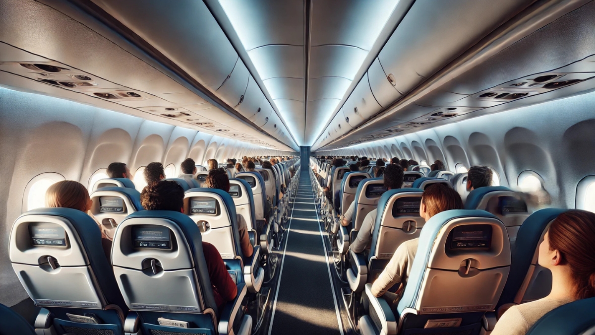 Interior of a modern airplane cabin with passengers seated, viewed from behind.