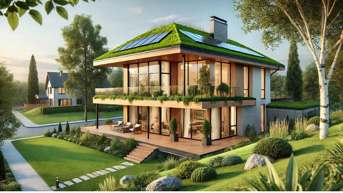 Eco-friendly family house with green roof, solar panels, and large windows in landscaped garden